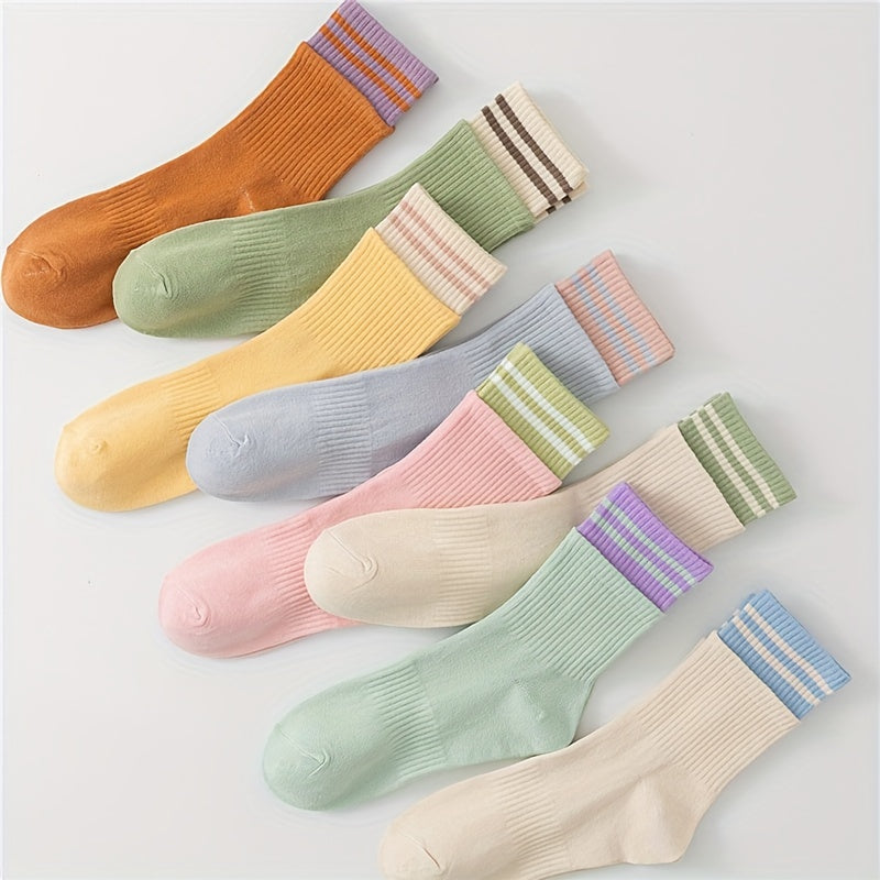 8 Pairs Striped Socks Soft & Breathable Casual Mid Tube Stockings