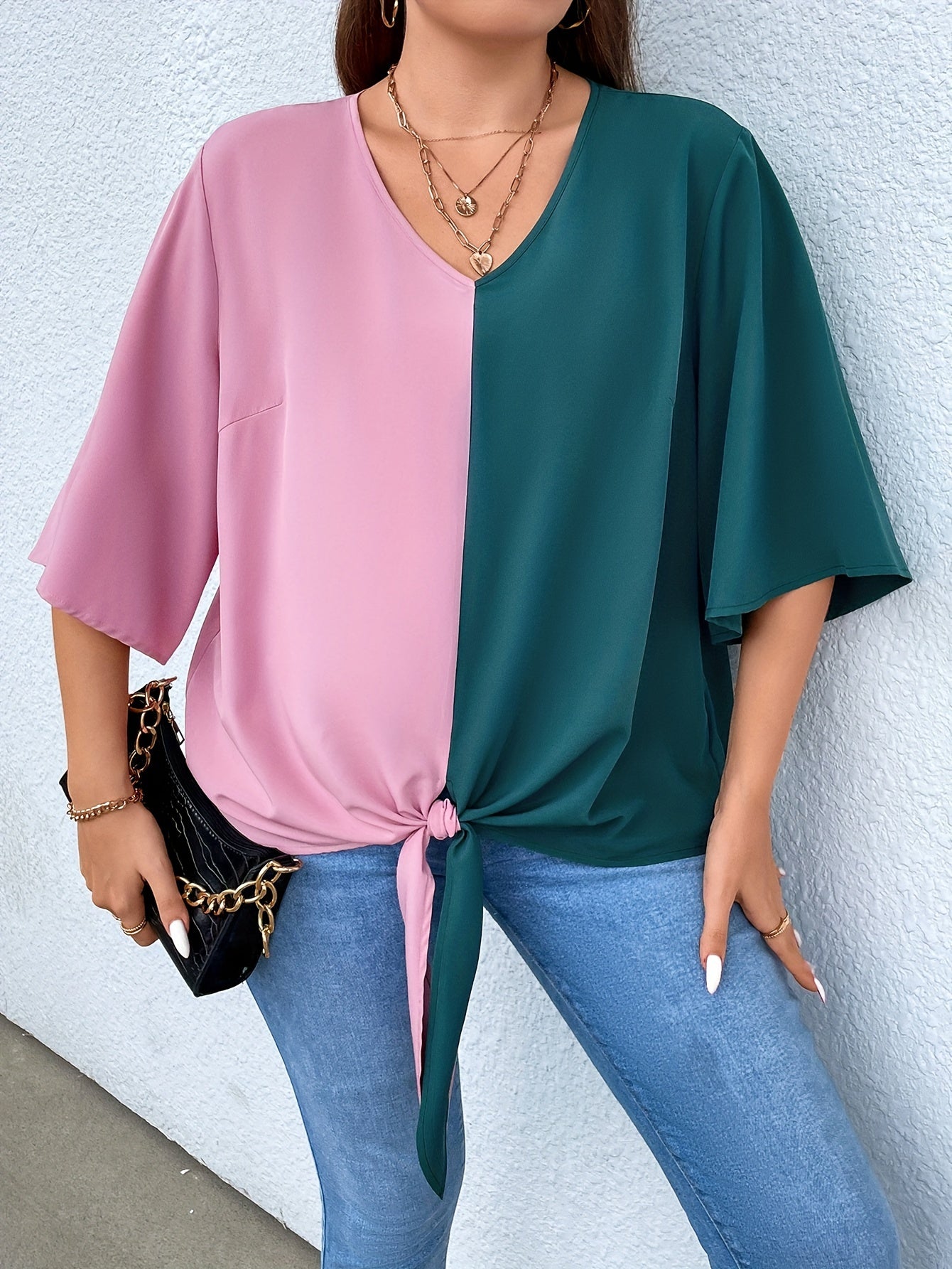  Colorblock V Neck Tunic Top