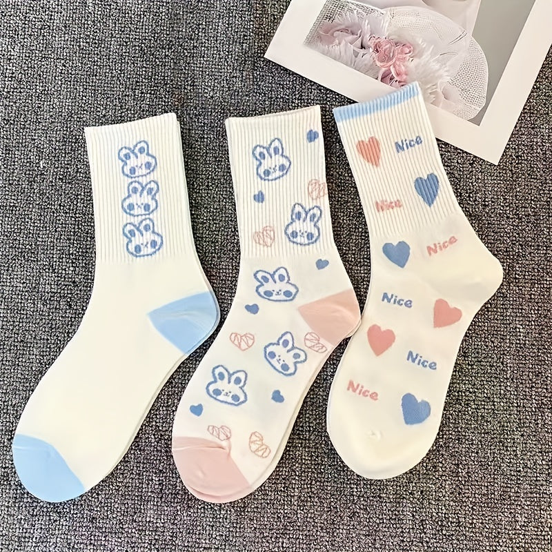 8 Pairs Cute Cartoon Bunny Crew Socks for Women