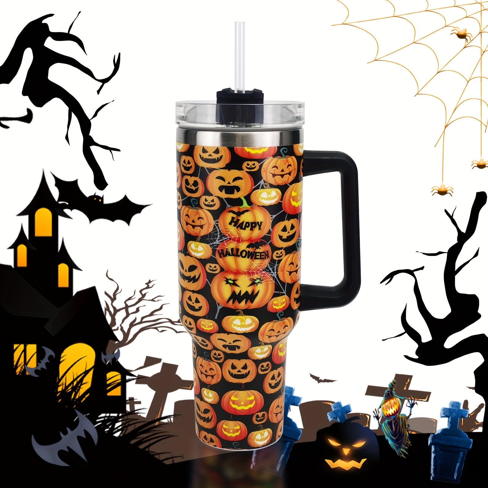 Halloween Pumpkin Print Tumbler 40oz Car Cup with Straw & Handle