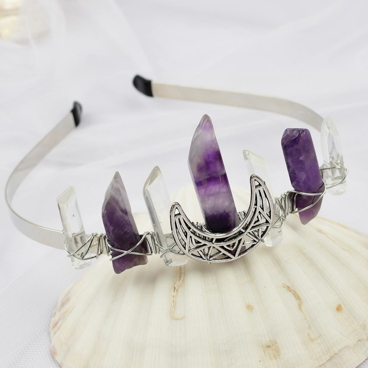 Amethyst Moon Crystal Quartz Crown Rhinestone Tiara Mermaid Headband