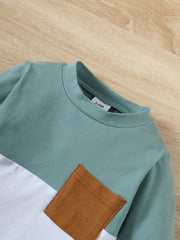 Baby Boys Stitching Pocket Front Long Sleeve Top Solid Shorts Set