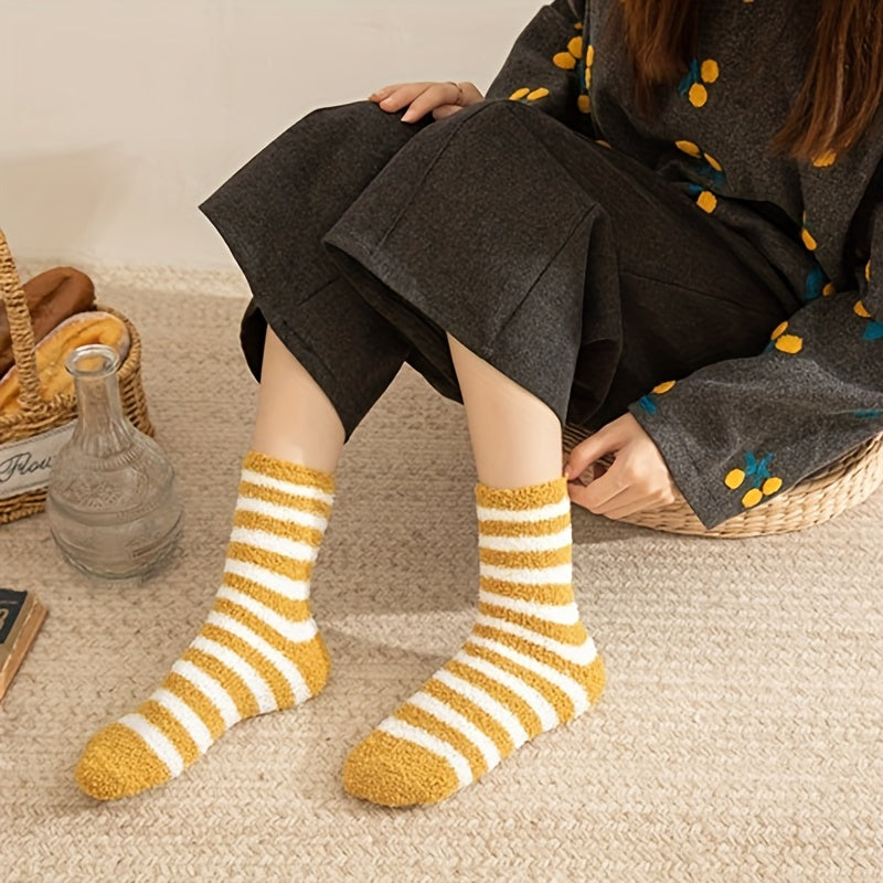 2 Pairs Striped Fuzzy Socks Soft Crew Floor Socks Women's Stockings