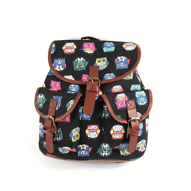 Colorful Owl Print Flap Backpack Preppy Style School Bag Drawstring