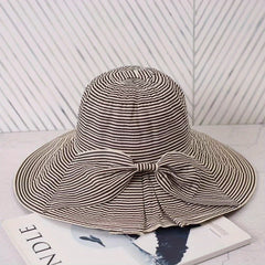 Pinstripe Wide Brim Bow Hat for Spring & Summer