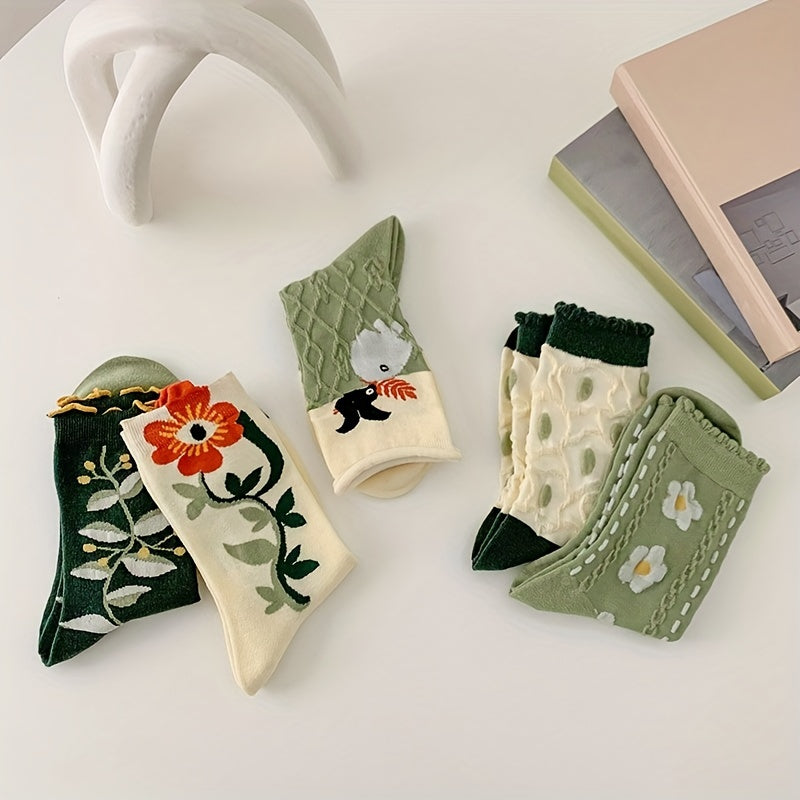 5 Pairs Floral Print Socks Sweet Women's Stockings