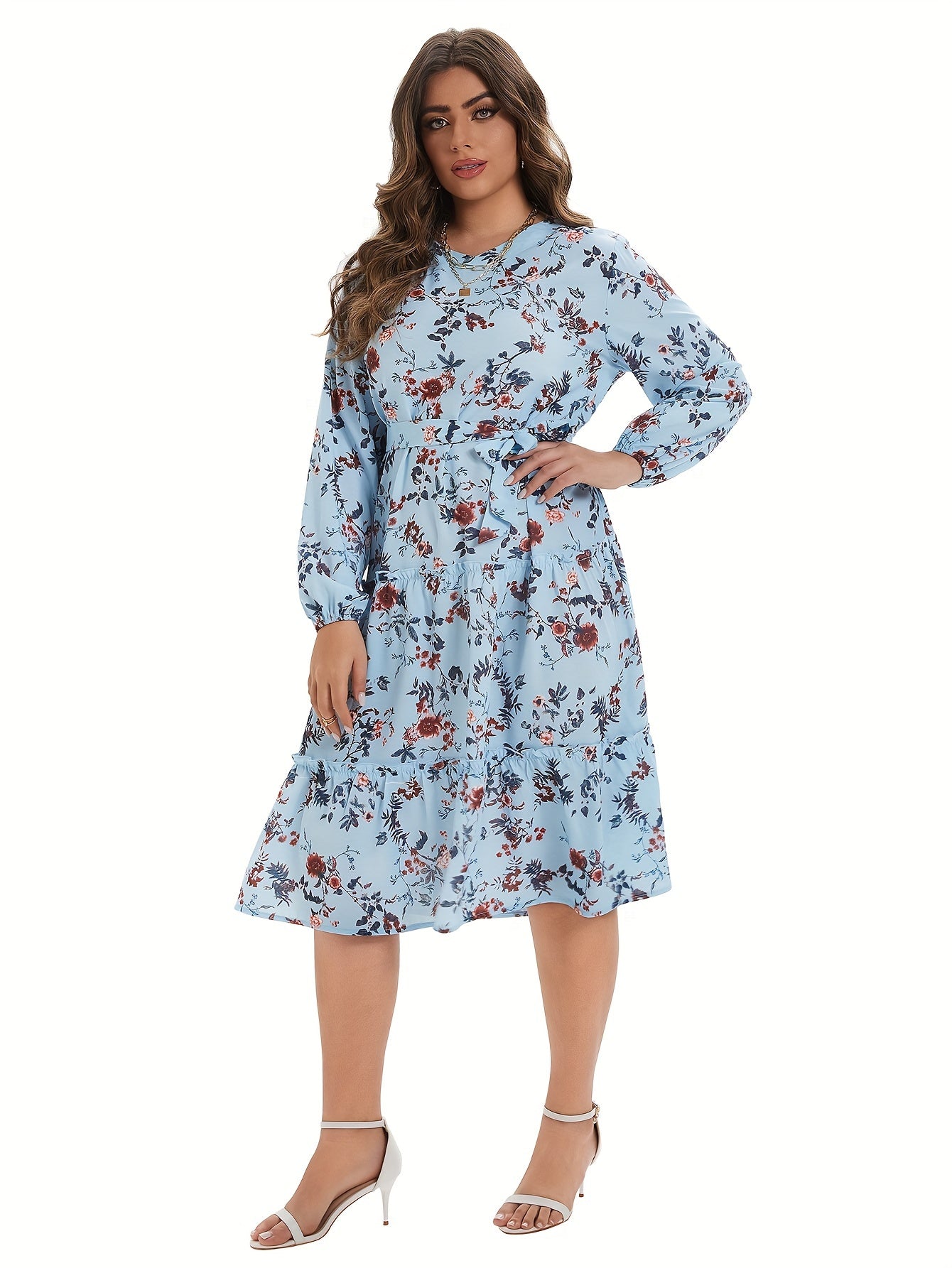  Women's Floral Lantern Sleeve Midi Dress