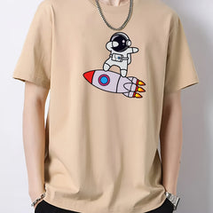 Rocket & Astronaut Pattern Print Men's Graphic Cotton Crew Neck T-shirt