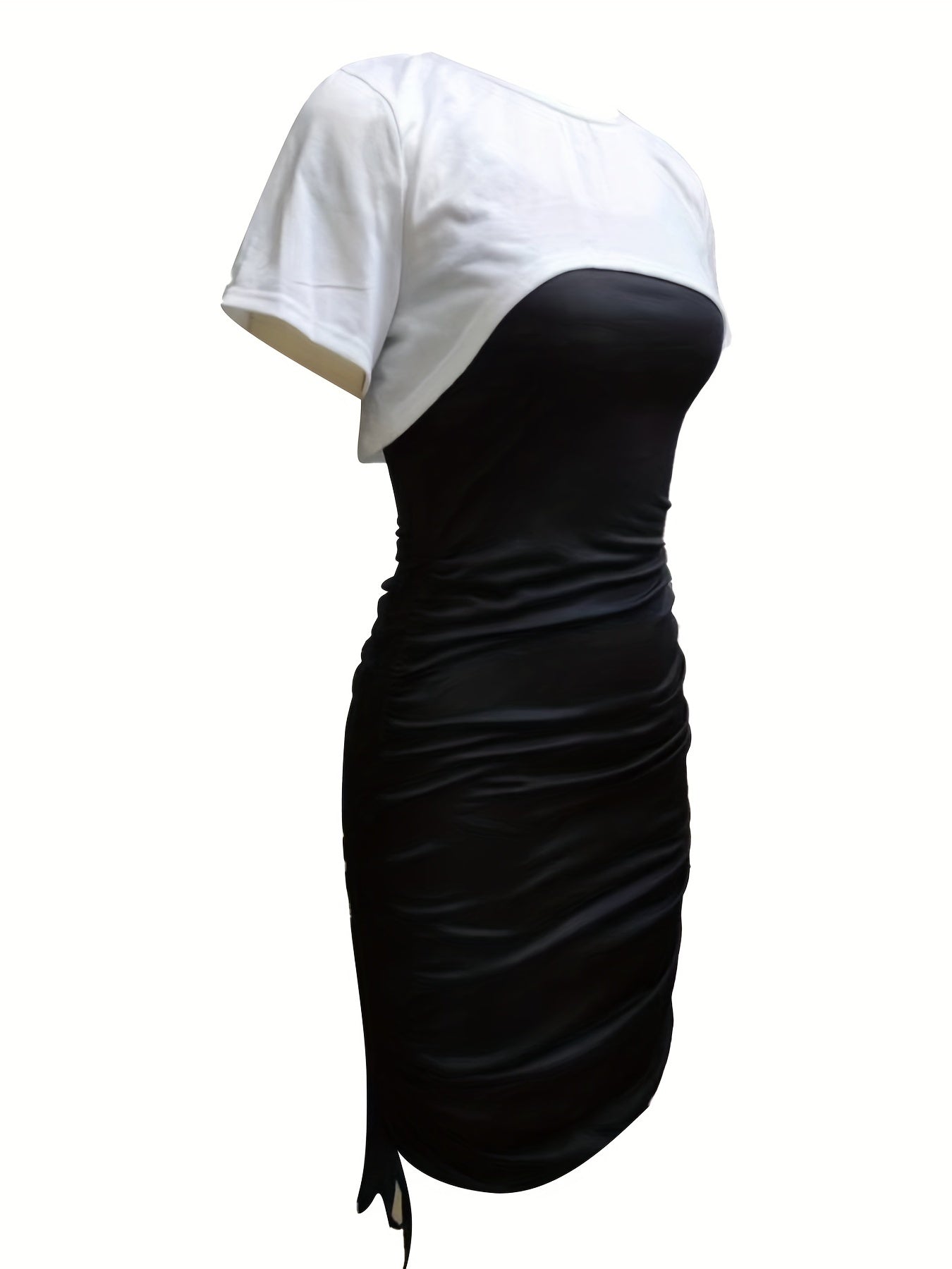 Two piece Dress Set Short Sleeve Crop Top & Drawstring Ruched Cami Dress