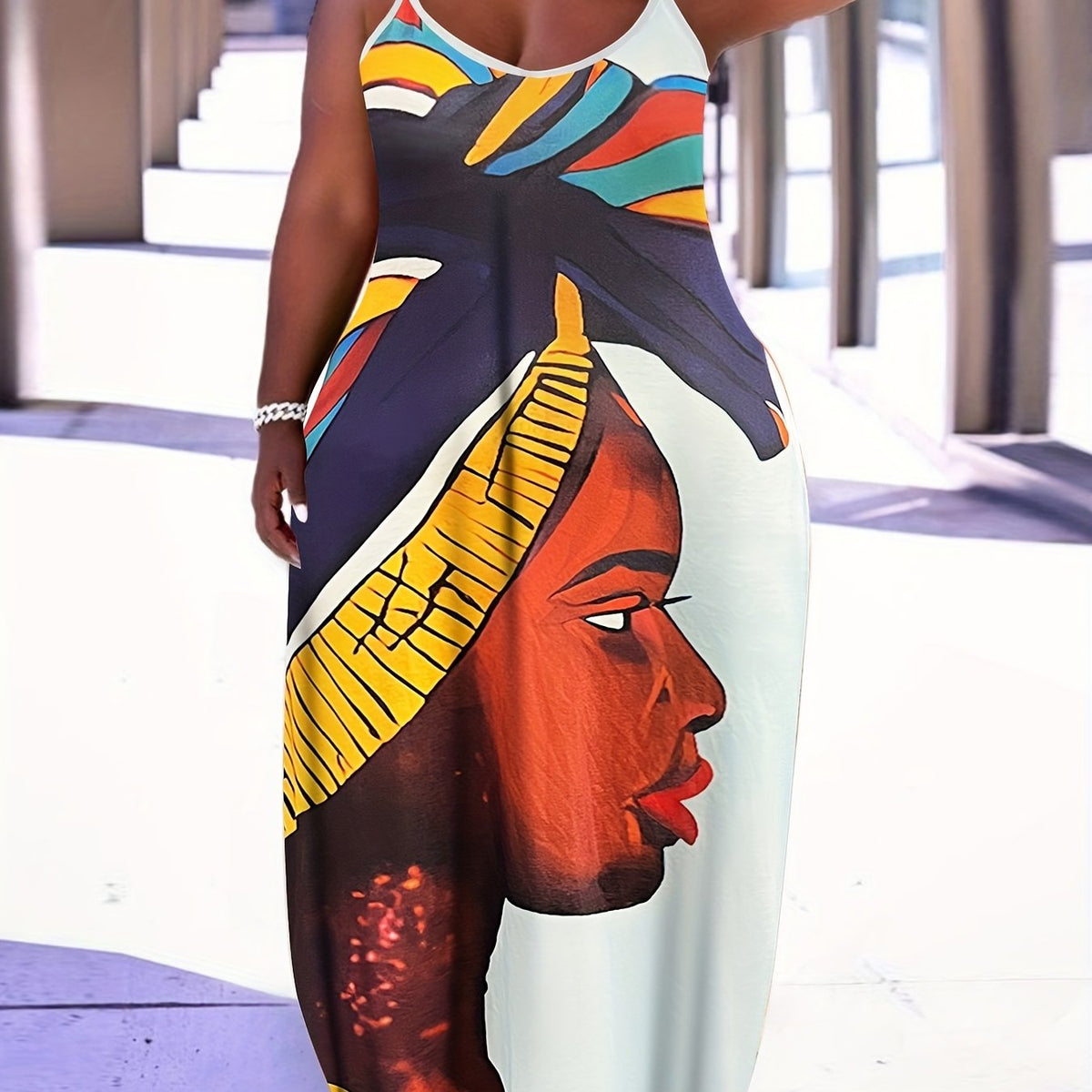  Colorblock Figure Print Maxi Cami Dress