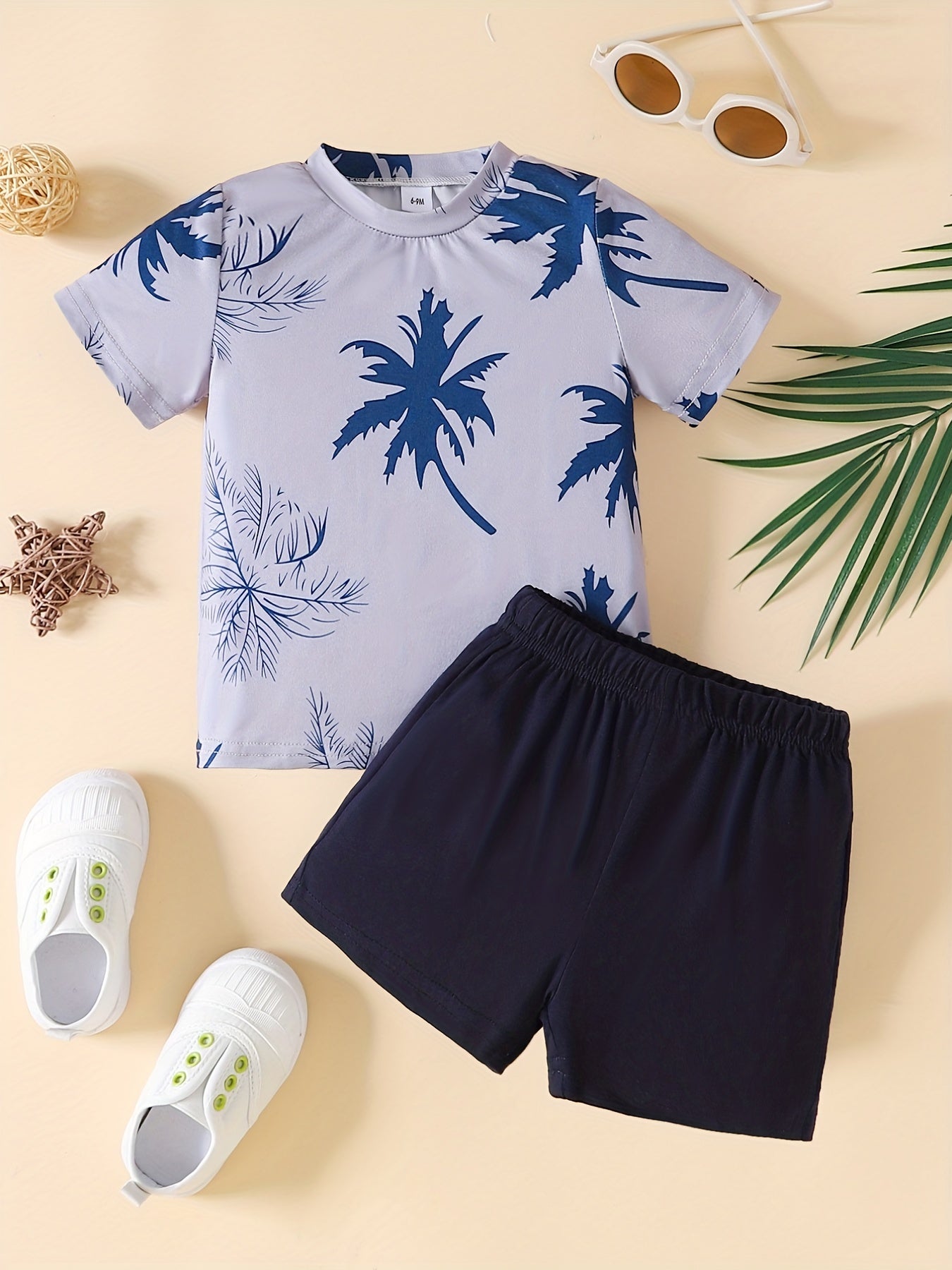Baby Boys Coconut Tree Print T-shirt & Shorts Set Summer Beach Vacation Clothes