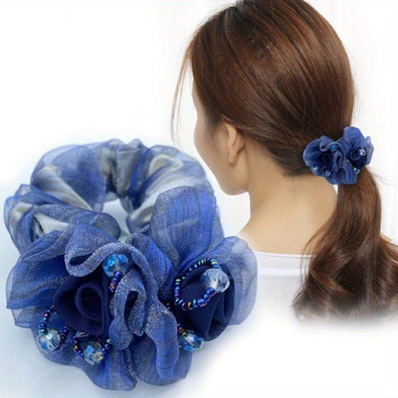 Vintage Mesh Flower Beaded Hair Scrunchie Ponytail Holder