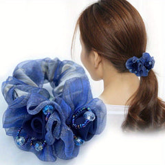 Vintage Mesh Flower Beaded Hair Scrunchie Ponytail Holder