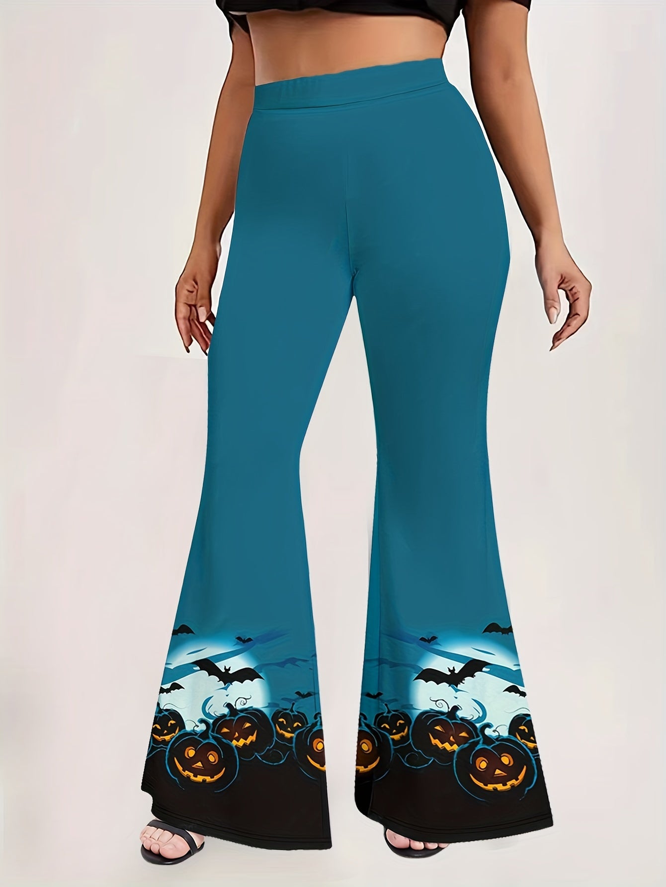 Women's Plus Funny Pumpkin & Bat Print Flare Pants