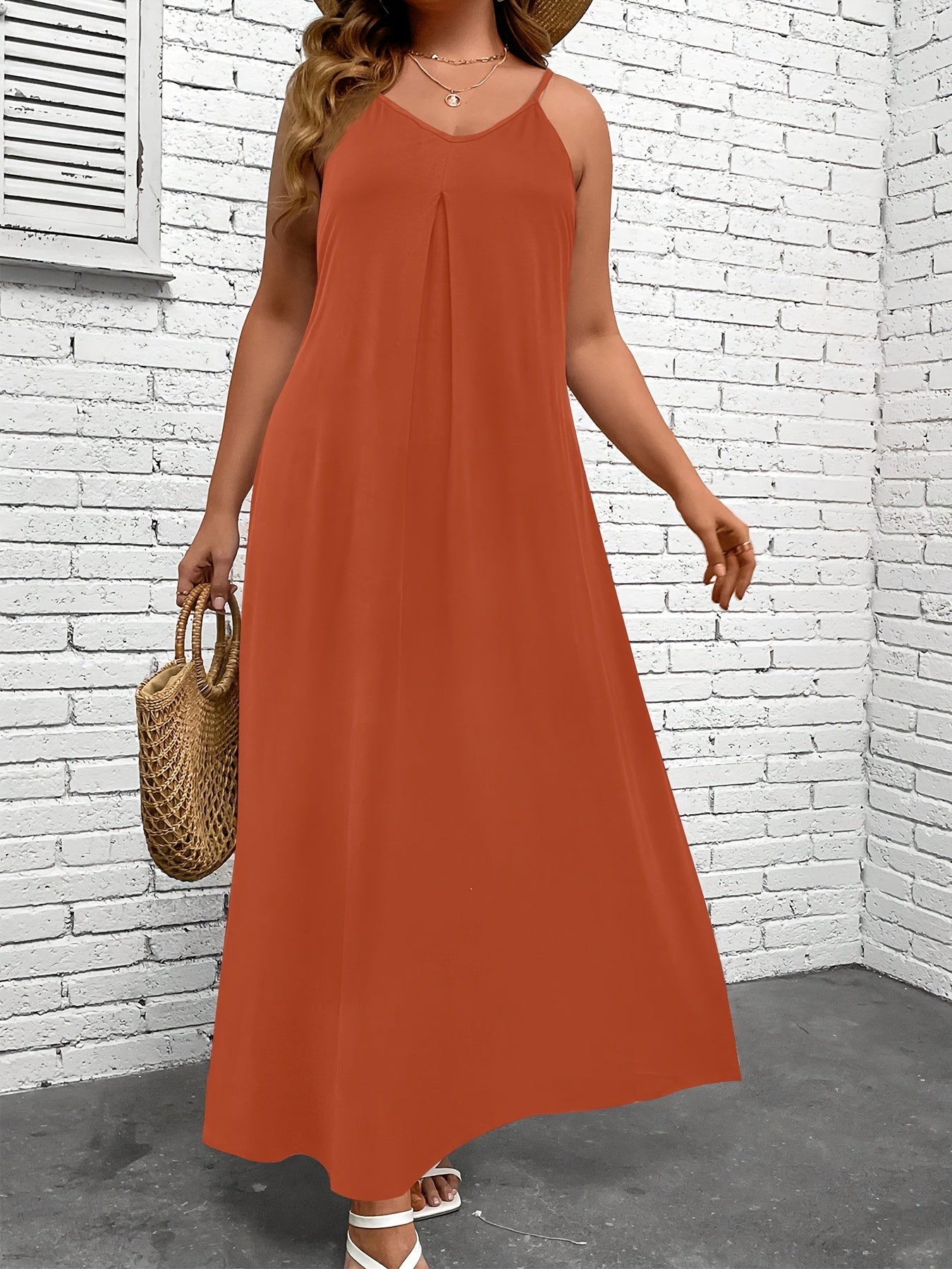  Solid V Neck Maxi Cami Dress