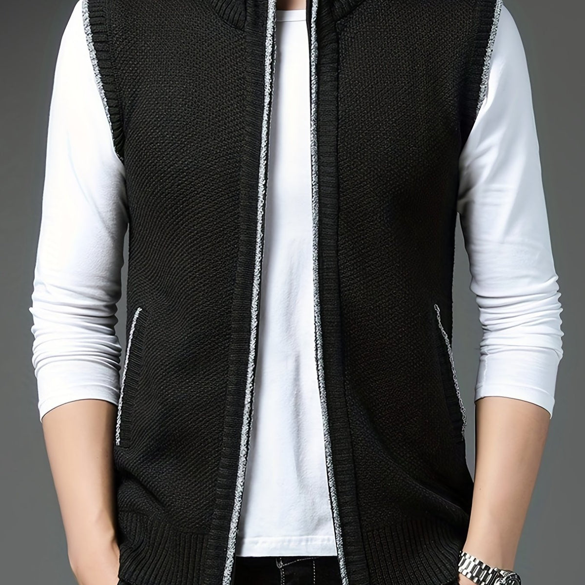 Vintage Style Stand Collar Zip Up Cardigan Vest