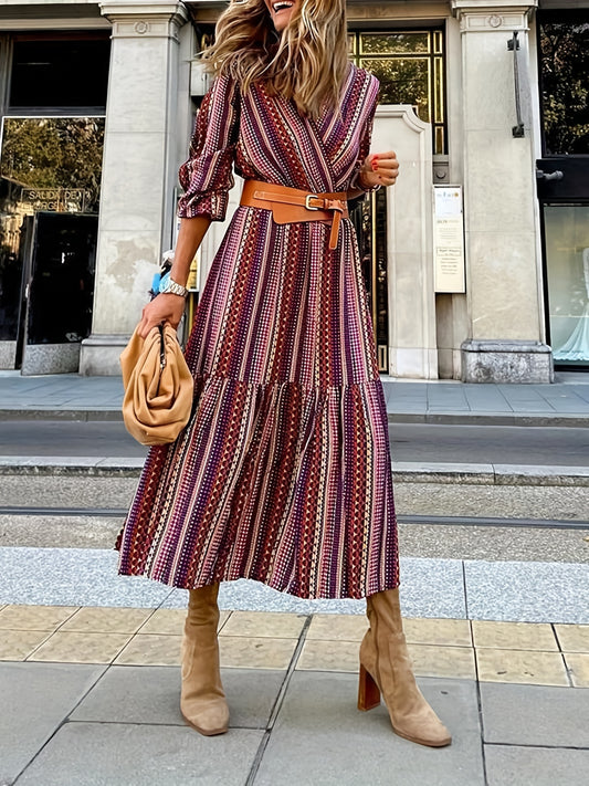 Stripe Print Long Sleeve Dress With Belt