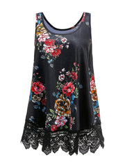  Rose Print Lace Tank Top Women's Sleeveless Casual Top