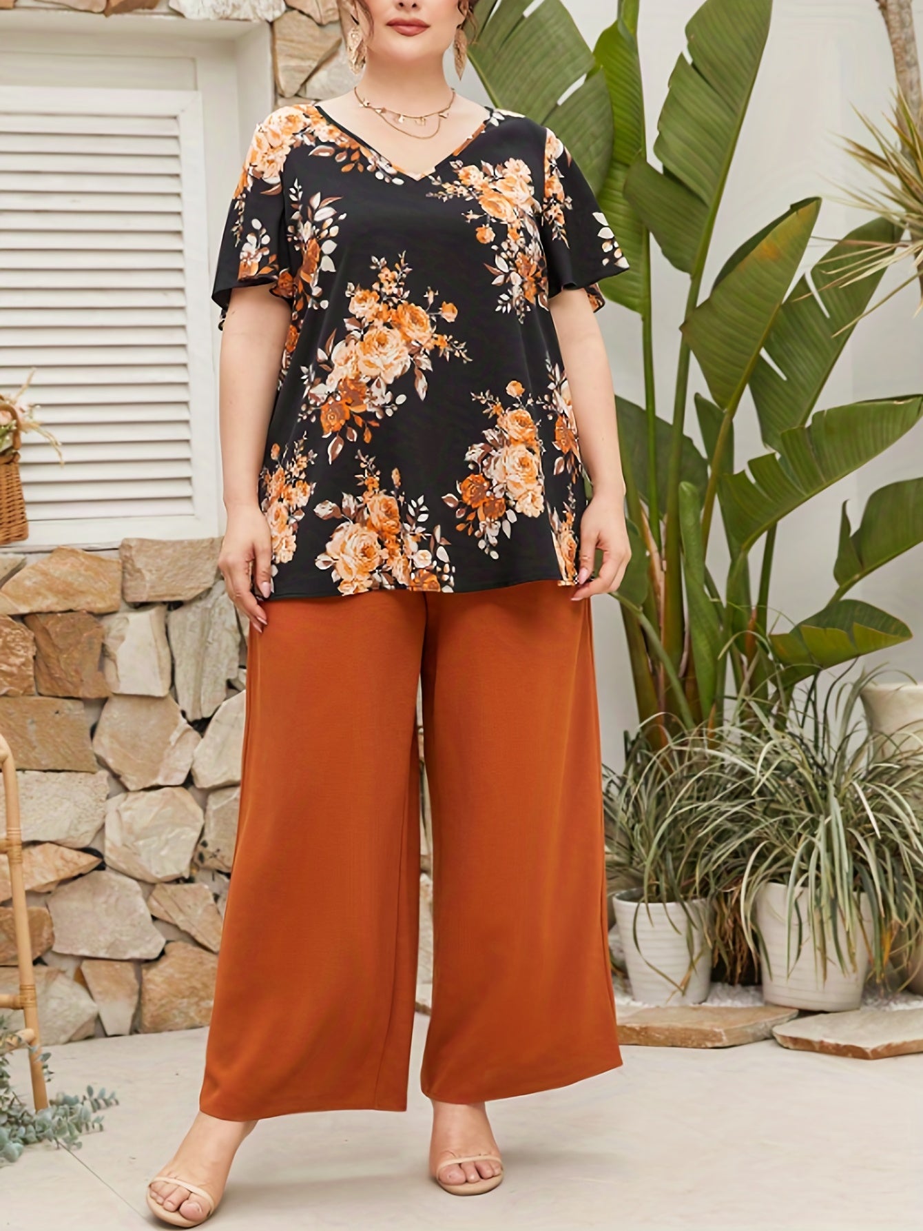Floral Print Top & Wide Leg Pants Set Plus Size