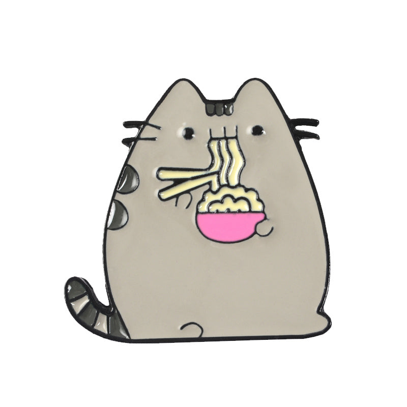 Cute Gray Cat Eating Noodle Brooch