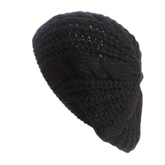 Vintage Ribbed Knitted Beret Solid Warm Knit Hat Elastic Lightweight Beanie