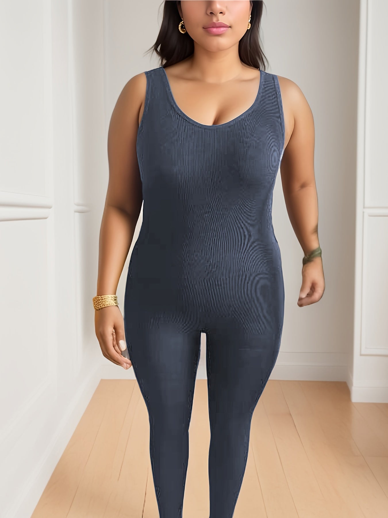  Casual Jumpsuit Women's Plus Solid Round Neck High Stretch Skinny Tank