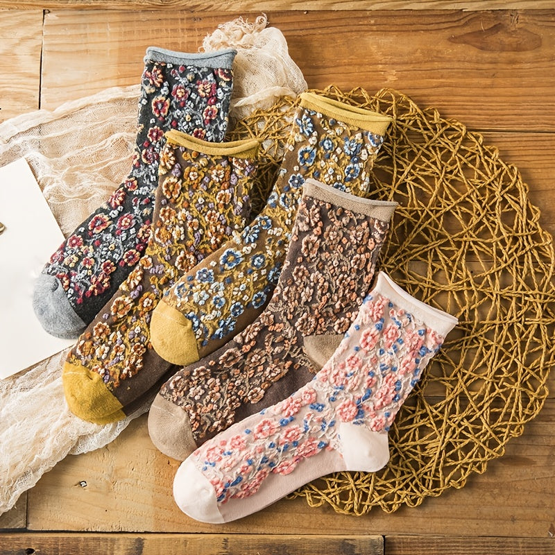 Vintage Floral Print Curling Socks - Comfy & Breathable - Women's Stockings