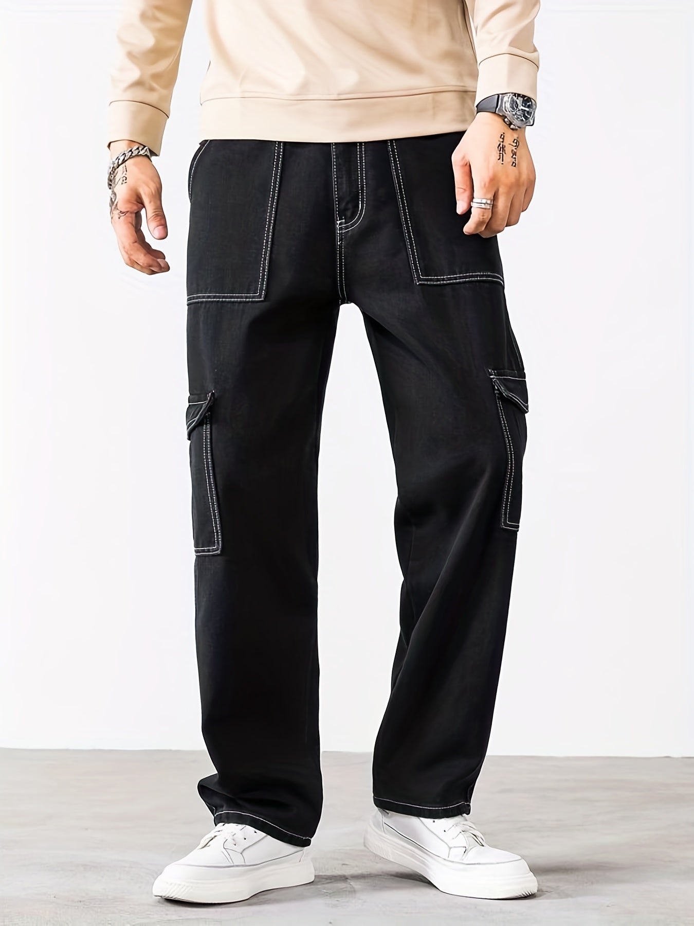 Men's Loose Straight Leg Thin Pants Flap Pocket Sports Cargo Trousers