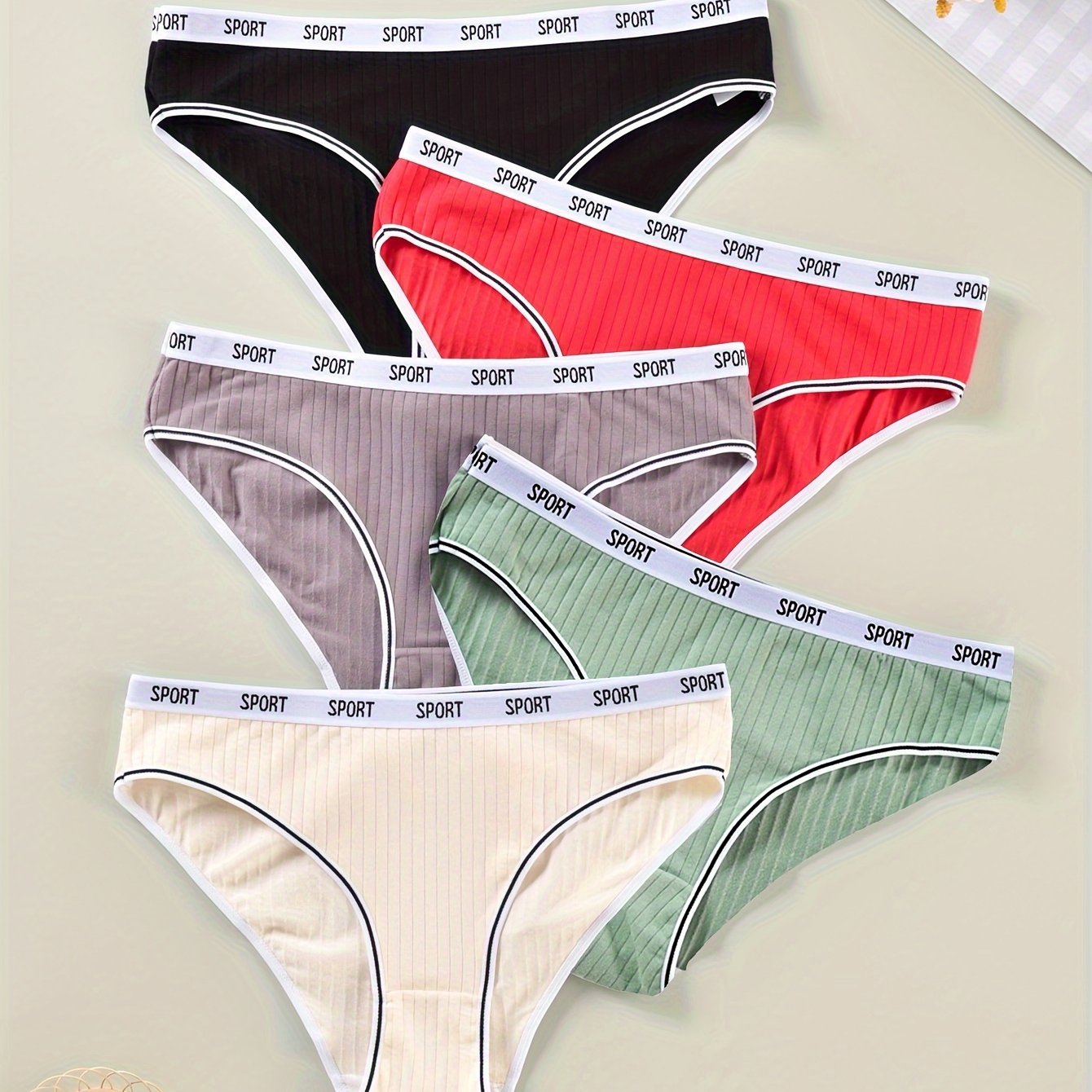 5 Pack Plus Size Sports Panties Set Women's Plus Ribbed Knit Contrast Letter Tap