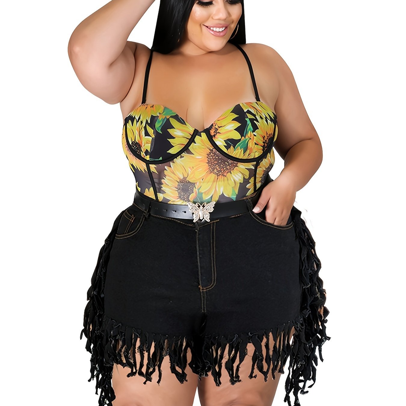 Fringe Trim Denim Shorts Women's Plus Medium Stretch Jean Shorts