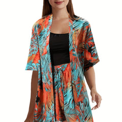  Tropical Print Cardigan & Shorts Set