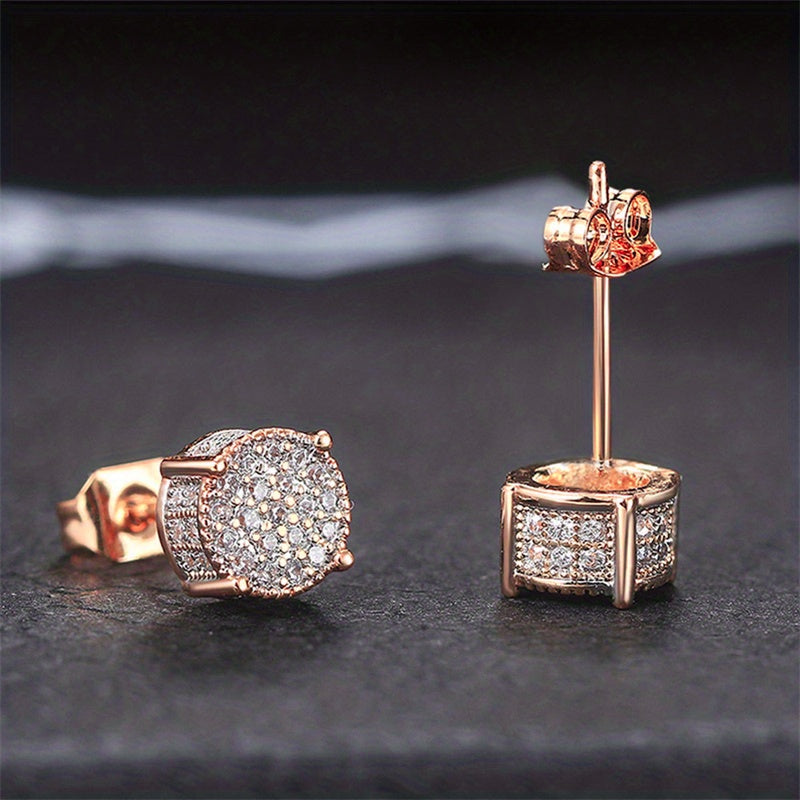 Round Stud Earrings Paved CZ Stone Silver Golden Ear Jewelry