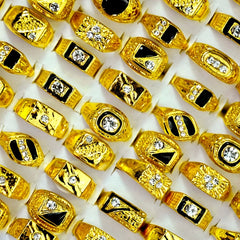 Vintage Classic Golden Crystal Metal Ring Wide Wedding Party Men Jewelry