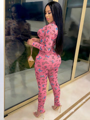 Butterfly Print Zip Up Jumpsuit Long Sleeve Skinny Jumpsuit