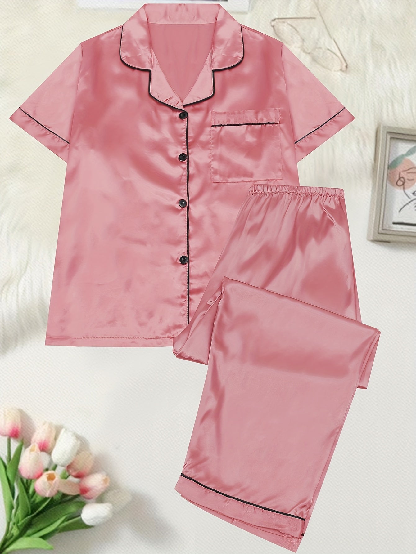  Satin Pajama Set Short Sleeve Button Up Shirt & Pants 2 Piece