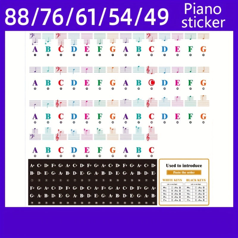 Piano Keyboard Sticker Set w/ Staff Notation & Note Markings - Self Study