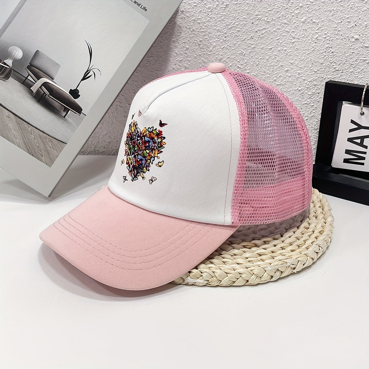 Butterfly Heart Print Trucker Hat Mesh Cartoon Baseball Cap
