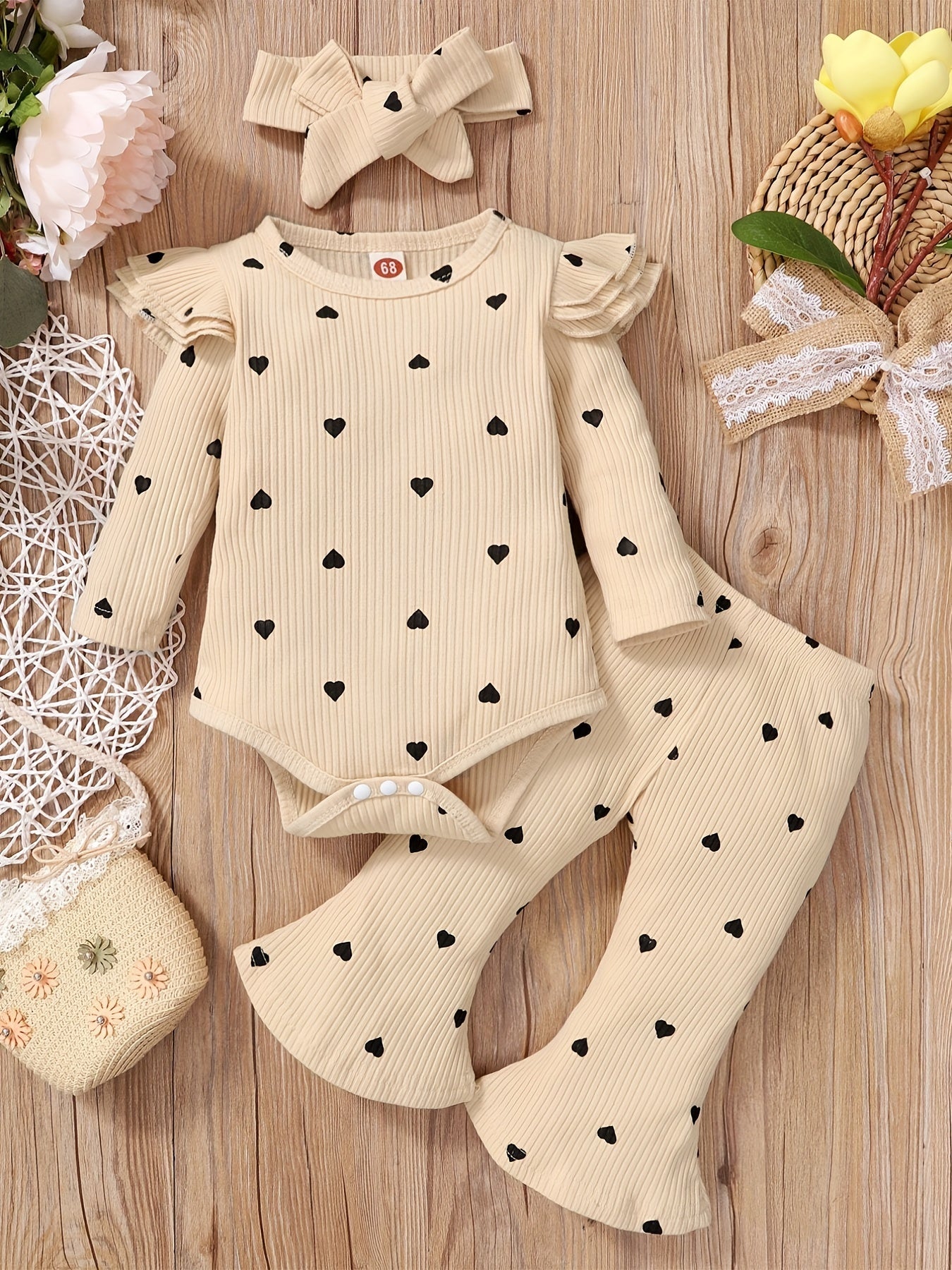 Heart Print Bodysuit Flared Pants 2pcs Casual Set