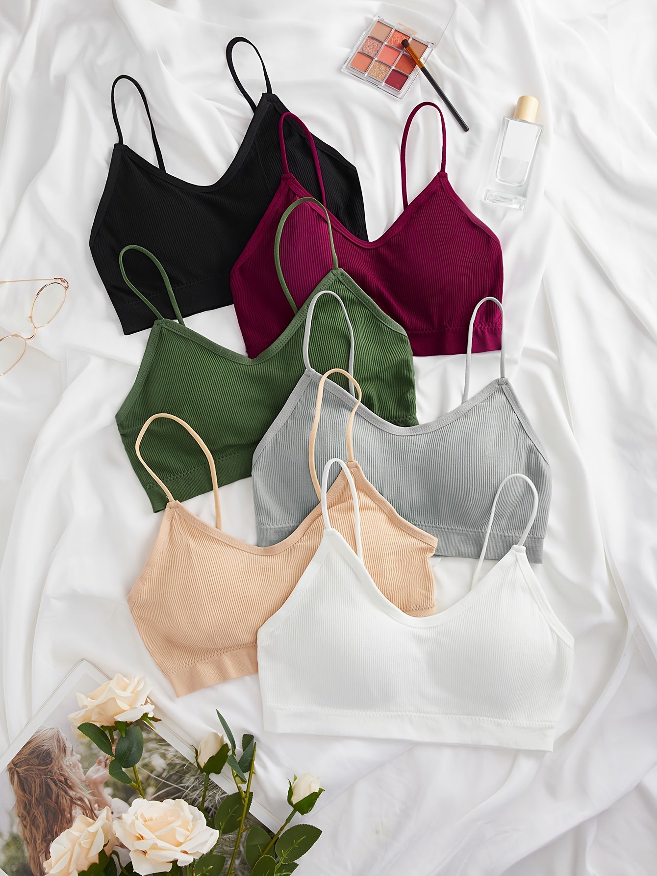 6pcs Wireless Ribbed Bras Comfortable & Breathable Intimates Women's Lingerie