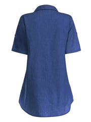 Short Sleeves Denim Top Button Front Lapel Casual Denim Shirt