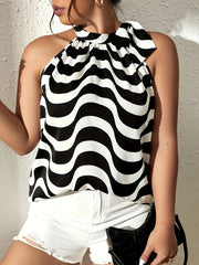 Striped Halter Neck Blouse Sleeveless Casual Top