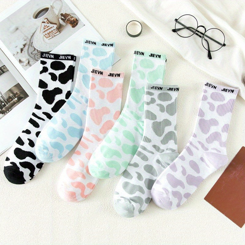12 Pairs Cow Spot Pattern Socks Comfy & Breathable Women's Stockings