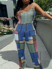  Casual Jumpsuit Denim Print Straight Leg Jumps