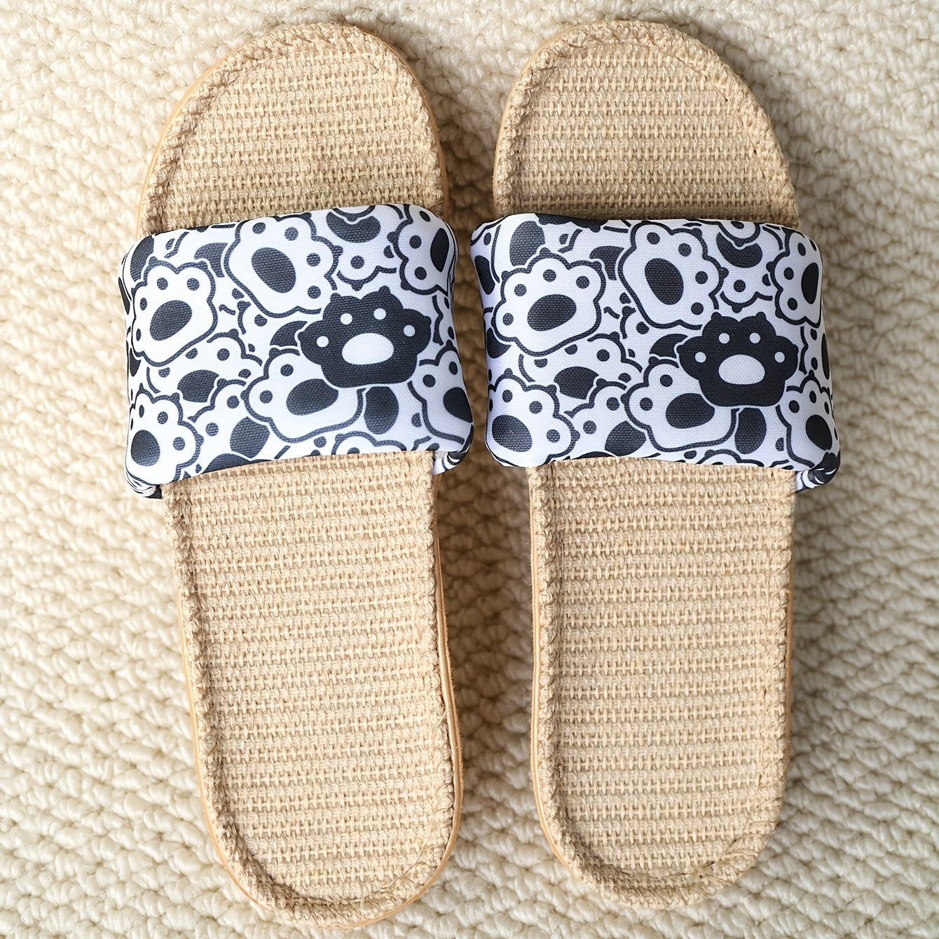 Cat Paw Slippers Open Toe Slide Sandals Lightweight Linen Beach Shoes
