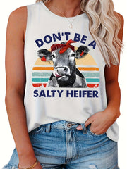  Retro Tank Top Women's Plus Bull & Letter Print Round Neck Tank Top