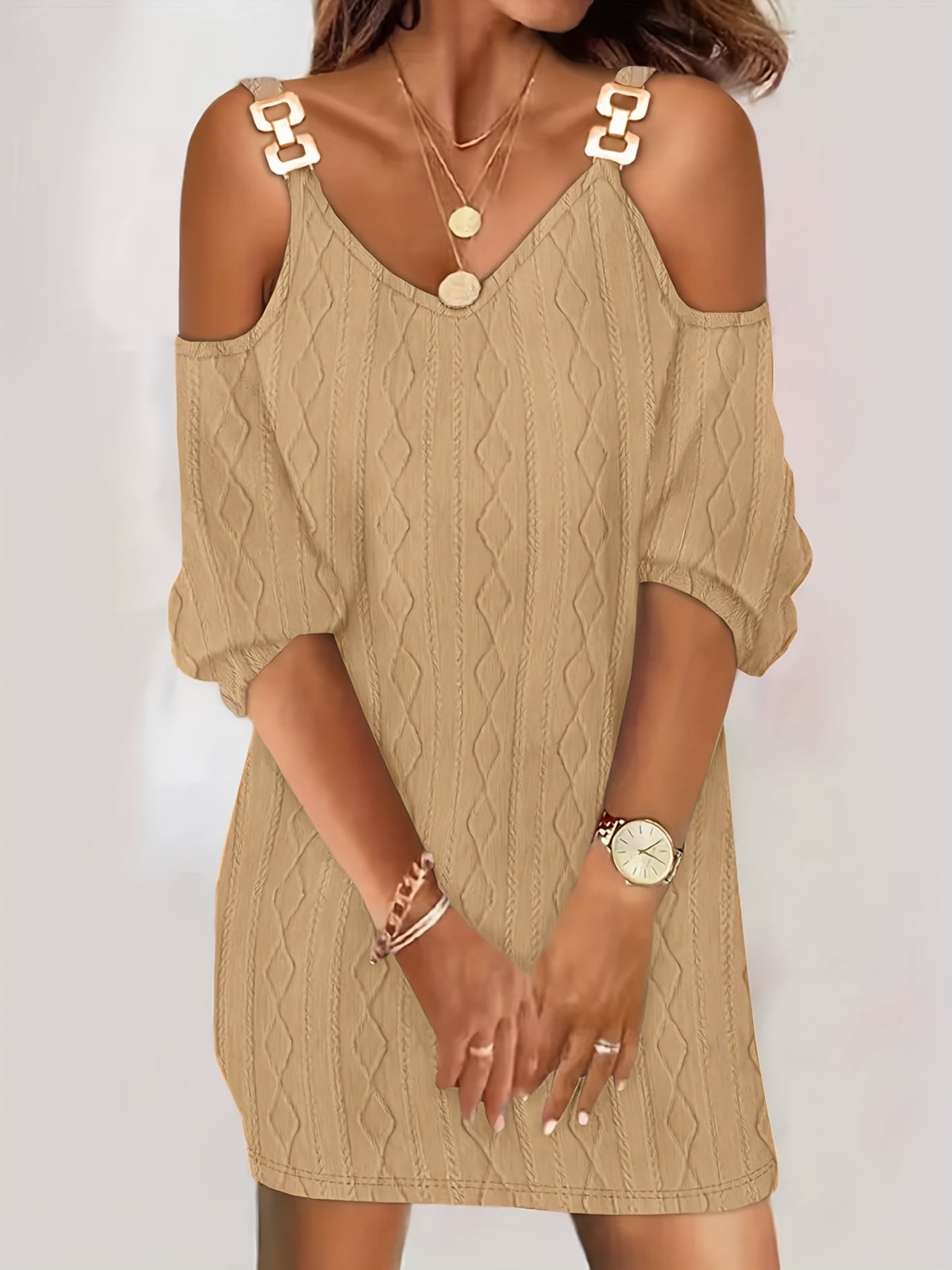  Casual Dress Women's Plus Solid Cable Cold Shoulder V Neck Dress