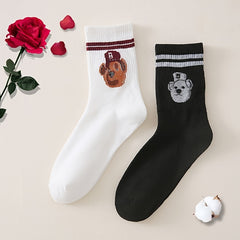 2 Pairs Cartoon Bear Print & Striped Crew Socks Women's Stockings