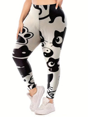  Casual Leggings Women's Plus Cat & Paw Print High Rise Leggings