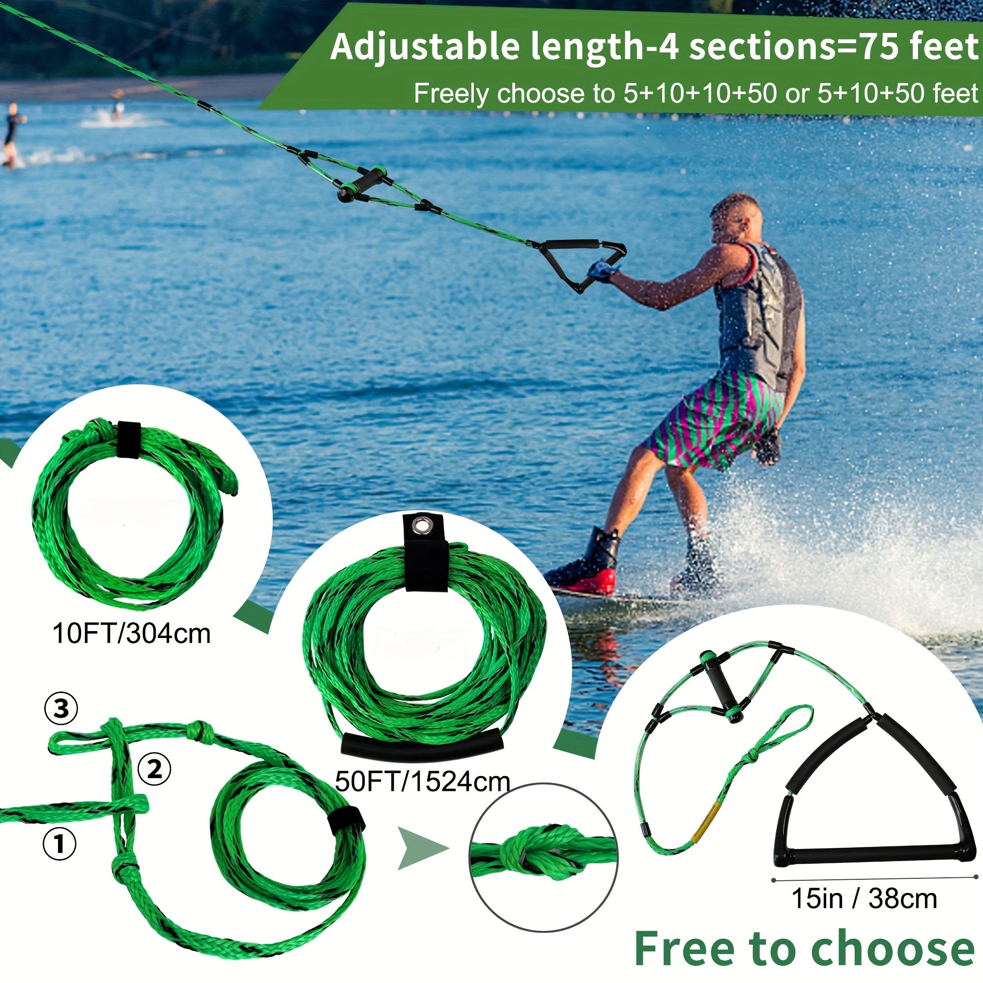 86m Wakeboard Water Ski Rope 38 Floating Handle 4 Sections Tow Rope for Tubing