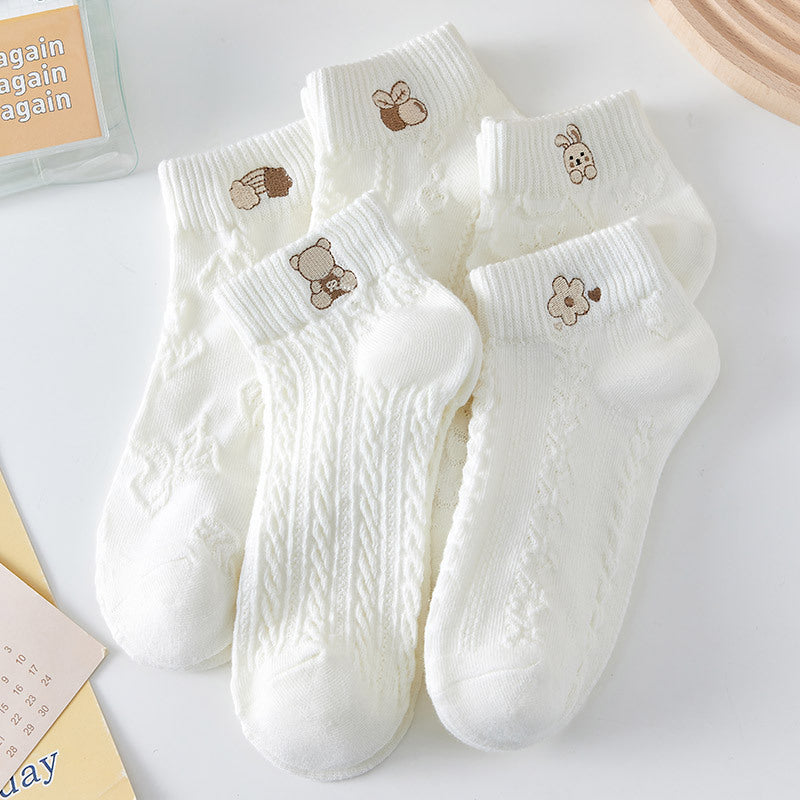5 Pairs Casual Solid Socks Breathable Animal Pattern Low Cut Ankle Socks